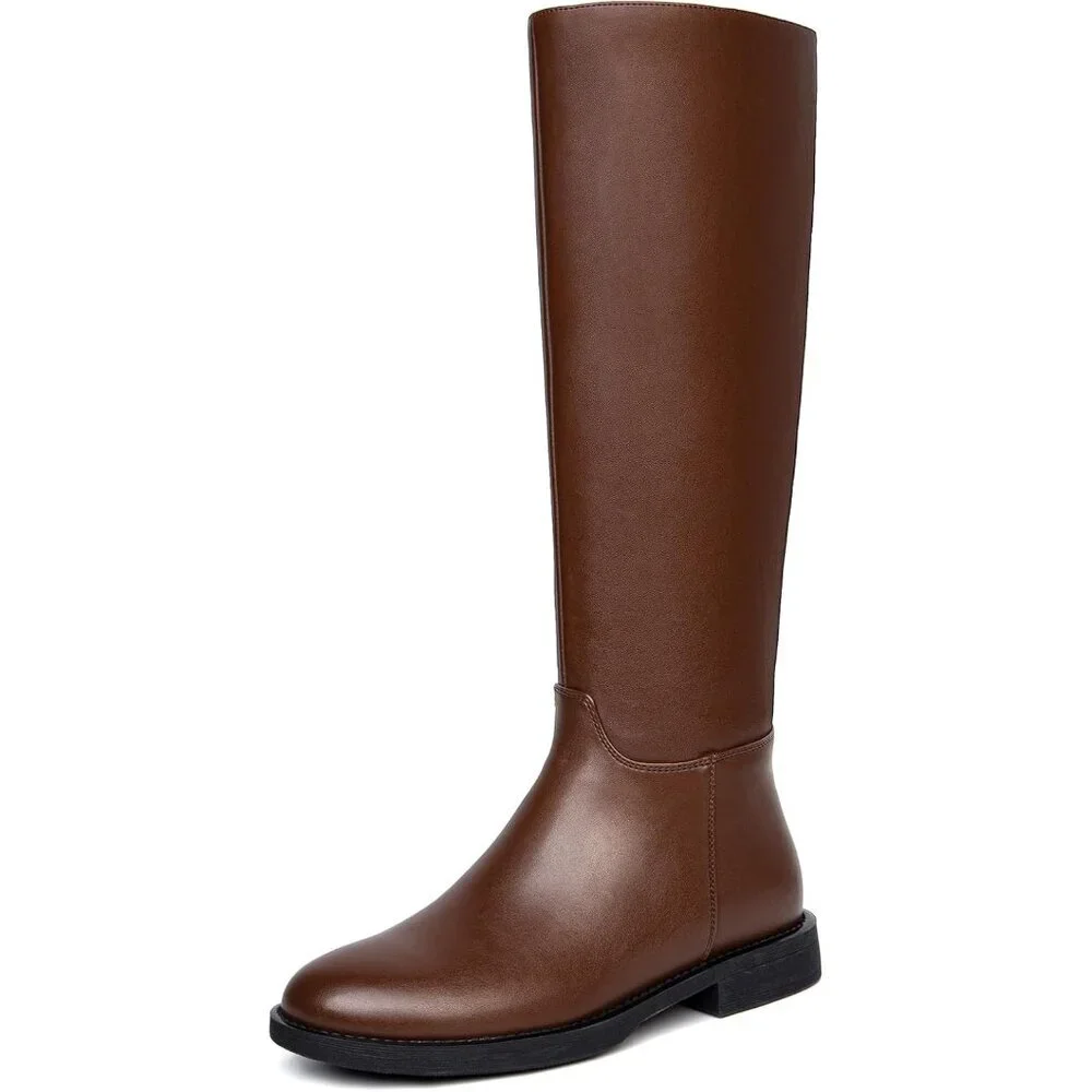Women's Brown Chunky Low Heels Toe Side Zipper Knee High Boots Rubber